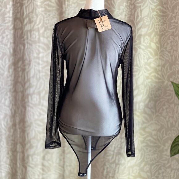 NWT Haute Project Black Mesh Sheer Gold Rhinestone Bodysuit GlamRock Size L - Picture 3 of 8